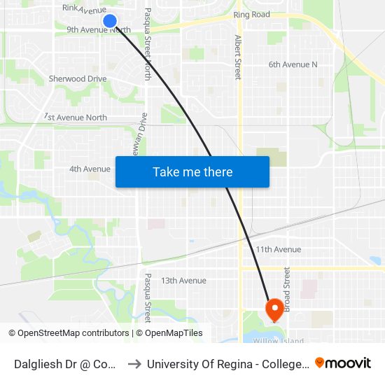 Dalgliesh Dr @ Cooper Cr (Wb) to University Of Regina - College Avenue Campus map