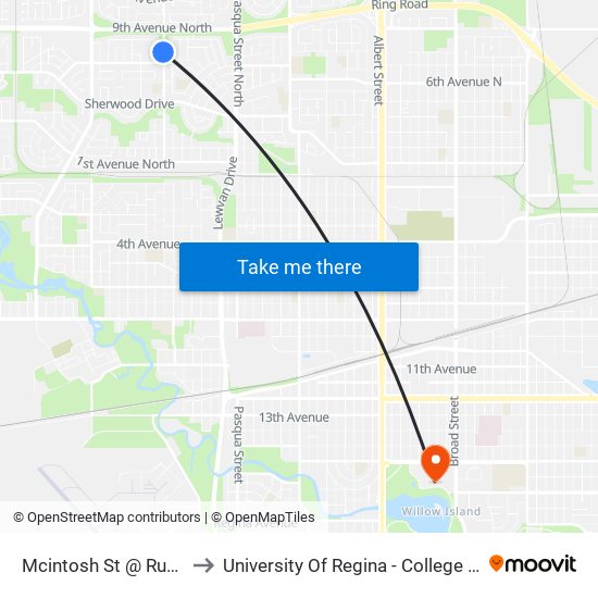 Mcintosh St @ Rupert Pl (Sb) to University Of Regina - College Avenue Campus map