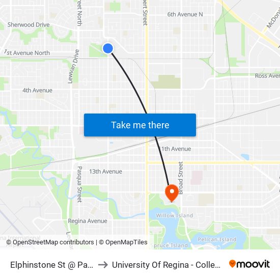 Elphinstone St @ Patricia Ave (Sb) to University Of Regina - College Avenue Campus map