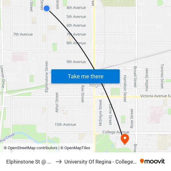 Elphinstone St @ 4th Ave (Sb) to University Of Regina - College Avenue Campus map