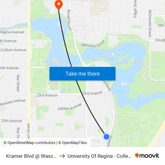 Kramer Blvd @ Wascana Pkwy (Wb) to University Of Regina - College Avenue Campus map