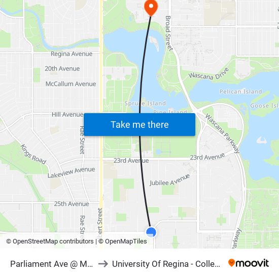 Parliament Ave @ Massey Rd (Wb) to University Of Regina - College Avenue Campus map