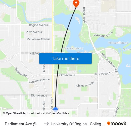Parliament Ave @ Albert St (Eb) to University Of Regina - College Avenue Campus map