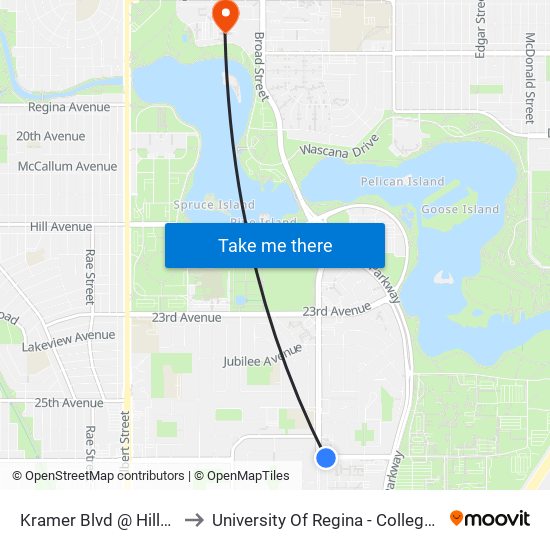 Kramer Blvd @ Hillsdale St (Eb) to University Of Regina - College Avenue Campus map