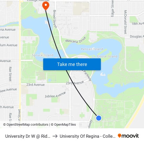 University Dr W @ Riddell Centre (Nb) to University Of Regina - College Avenue Campus map