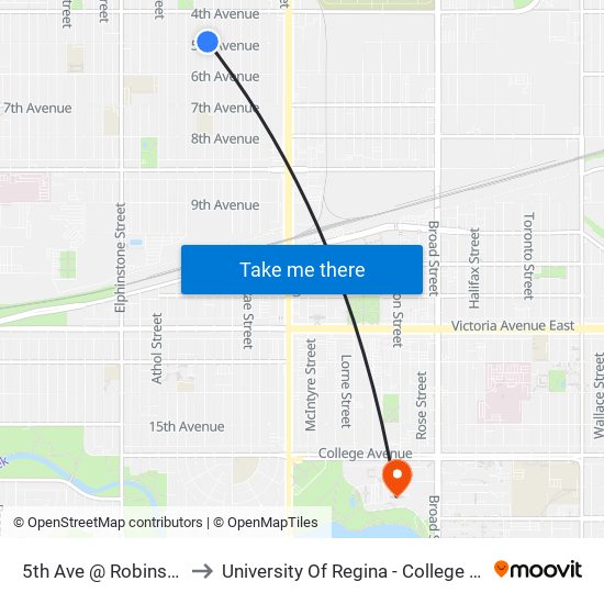 5th Ave @ Robinson St (Wb) to University Of Regina - College Avenue Campus map