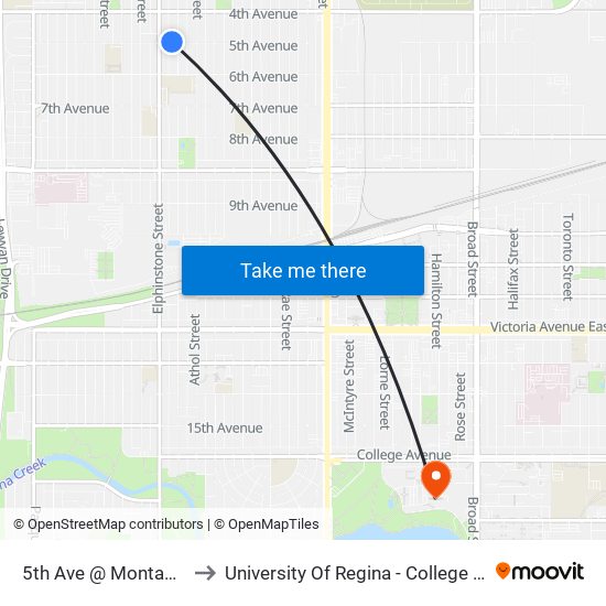 5th Ave @ Montague St (Wb) to University Of Regina - College Avenue Campus map