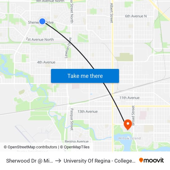 Sherwood Dr @ Milne St (Wb) to University Of Regina - College Avenue Campus map