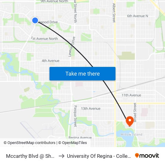 Mccarthy Blvd @ Sherwood Dr (Nb) to University Of Regina - College Avenue Campus map
