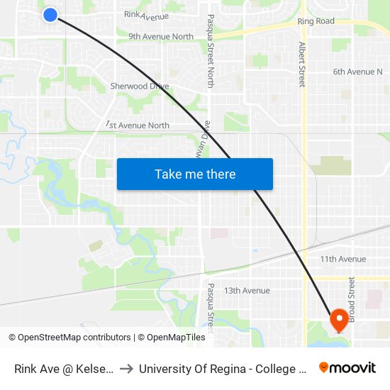 Rink Ave @ Kelsey St (Wb) to University Of Regina - College Avenue Campus map