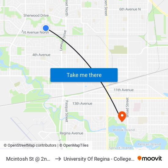 Mcintosh St @ 2nd Ave N (Sb) to University Of Regina - College Avenue Campus map