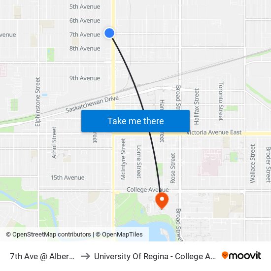 7th Ave @ Albert St (Wb) to University Of Regina - College Avenue Campus map