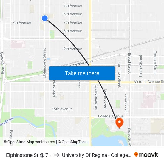 Elphinstone St @ 7th Ave (Nb) to University Of Regina - College Avenue Campus map