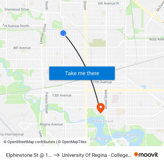 Elphinstone St @ 1st Ave (Nb) to University Of Regina - College Avenue Campus map