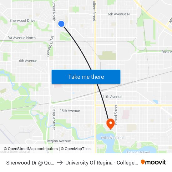 Sherwood Dr @ Queen St (Wb) to University Of Regina - College Avenue Campus map