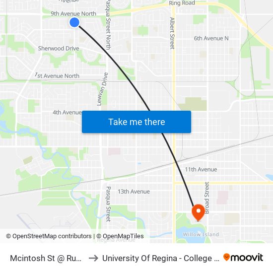 Mcintosh St @ Rupert Pl (Nb) to University Of Regina - College Avenue Campus map