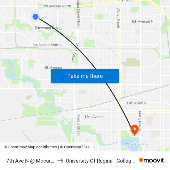 7th Ave N @ Mccarthy Blvd (Eb) to University Of Regina - College Avenue Campus map