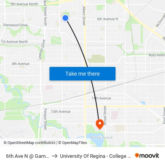 6th Ave N @ Garnet St (Wb) to University Of Regina - College Avenue Campus map