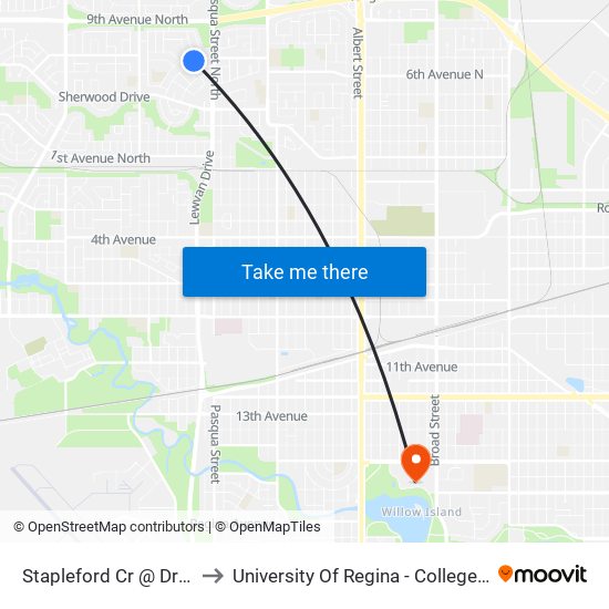 Stapleford Cr @ Drope St (Wb) to University Of Regina - College Avenue Campus map