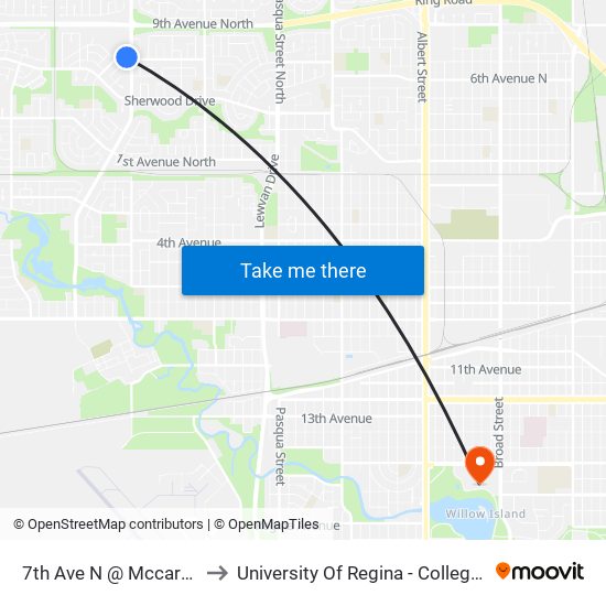 7th Ave N @ Mccarthy Blvd (Wb) to University Of Regina - College Avenue Campus map