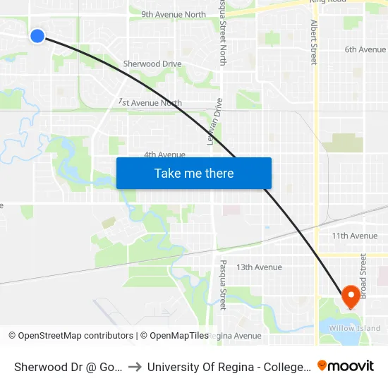 Sherwood Dr @ Goldie St (Wb) to University Of Regina - College Avenue Campus map