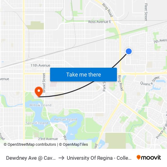 Dewdney Ave @ Cavendish St (Eb) to University Of Regina - College Avenue Campus map