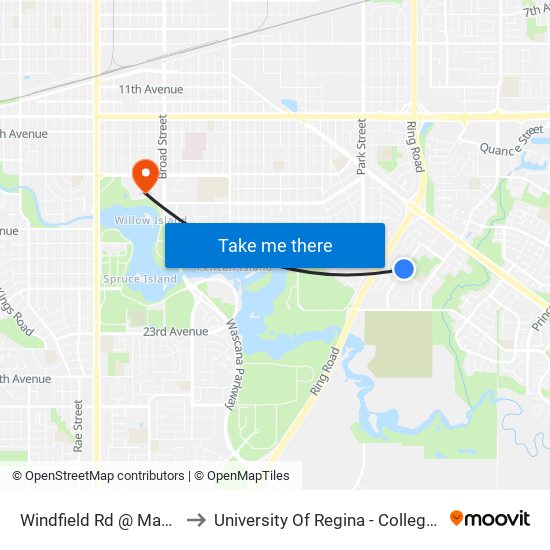 Windfield Rd @ Mayfield Rd (Nb) to University Of Regina - College Avenue Campus map