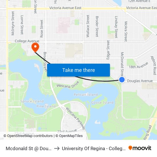 Mcdonald St @ Douglas Ave (Nb) to University Of Regina - College Avenue Campus map