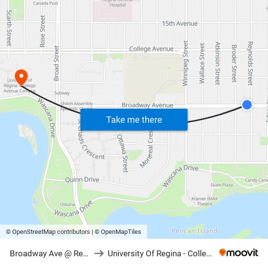 Broadway Ave @ Reynolds St (Wb) to University Of Regina - College Avenue Campus map