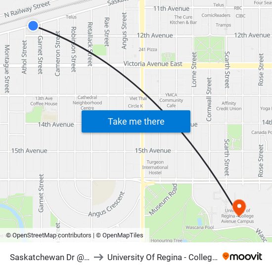 Saskatchewan Dr @ Athol St (Eb) to University Of Regina - College Avenue Campus map