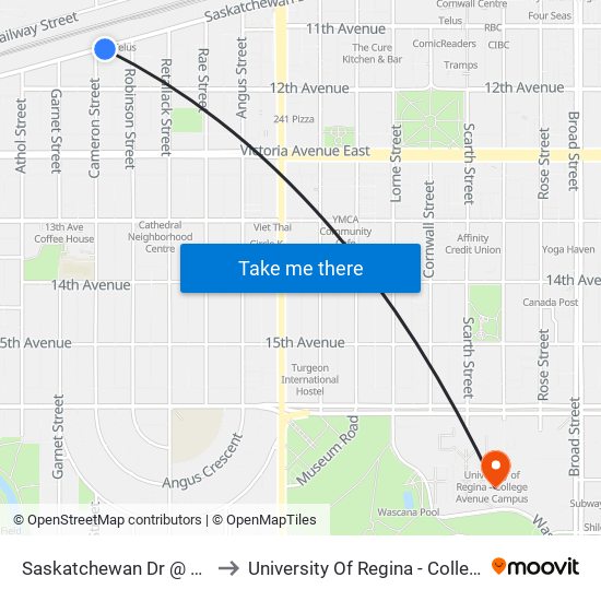 Saskatchewan Dr @ Cameron St (Eb) to University Of Regina - College Avenue Campus map