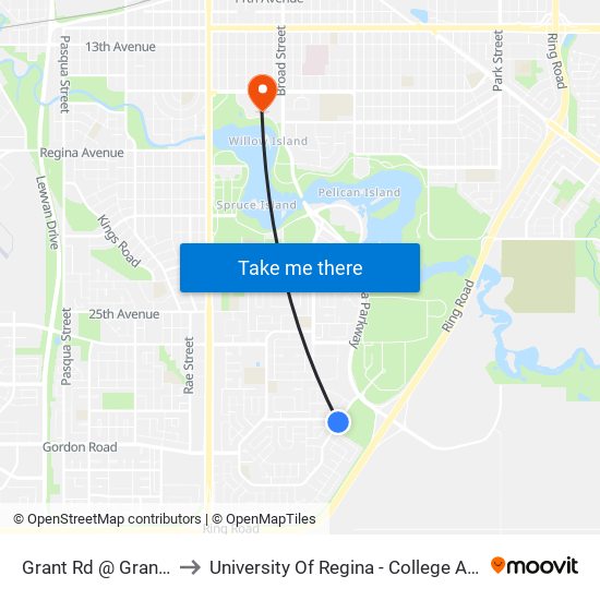 Grant Rd @ Grant Dr (Nb) to University Of Regina - College Avenue Campus map