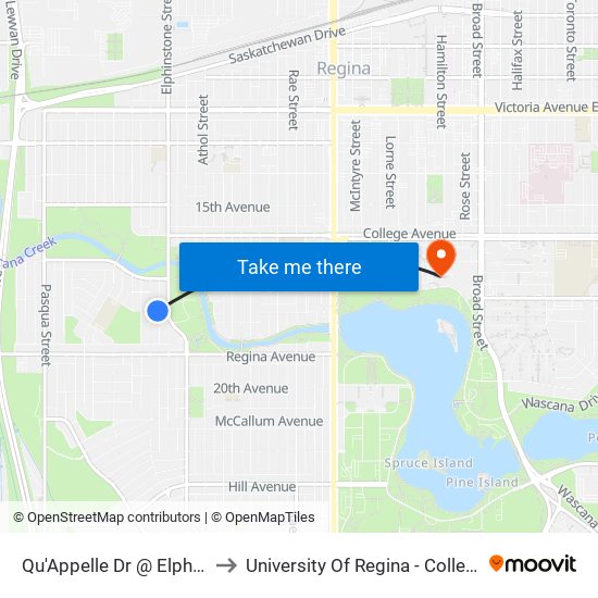 Qu'Appelle Dr @ Elphinstone St (Wb) to University Of Regina - College Avenue Campus map