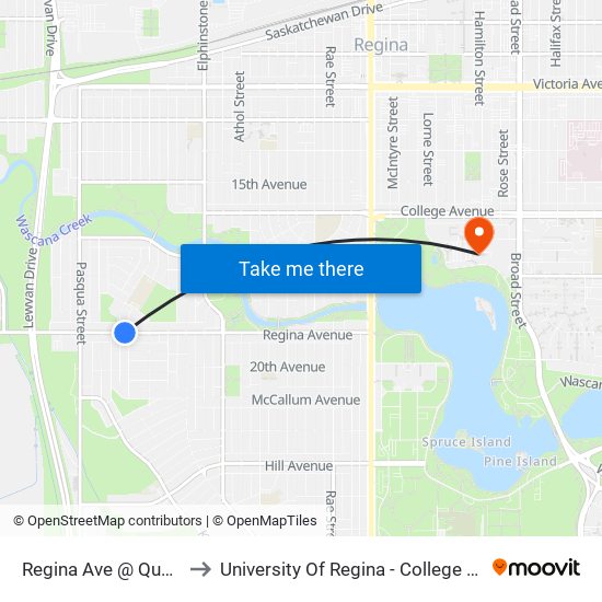 Regina Ave @ Queen St (Eb) to University Of Regina - College Avenue Campus map
