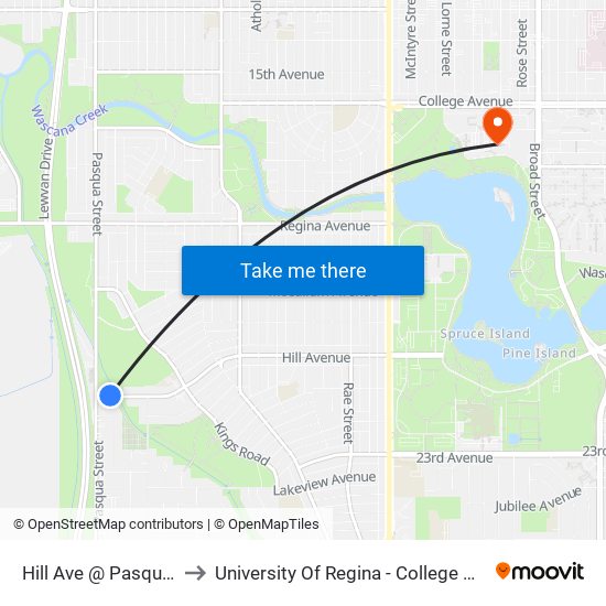 Hill Ave @ Pasqua St (Wb) to University Of Regina - College Avenue Campus map