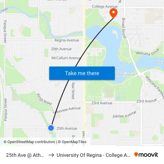 25th Ave @ Athol St (Eb) to University Of Regina - College Avenue Campus map