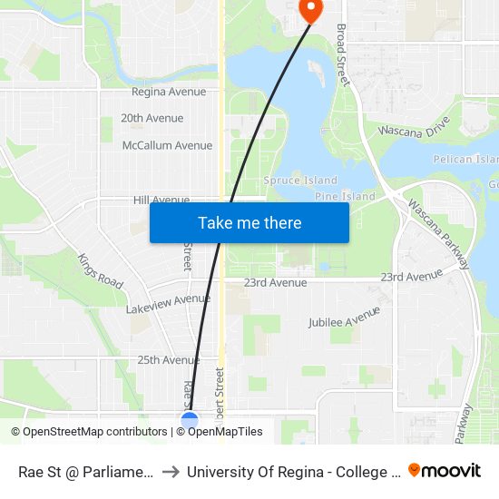 Rae St @ Parliament Ave (Sb) to University Of Regina - College Avenue Campus map