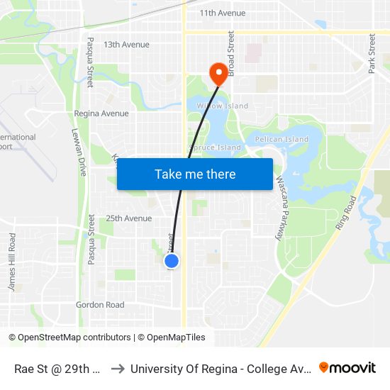 Rae St @ 29th Ave (Sb) to University Of Regina - College Avenue Campus map