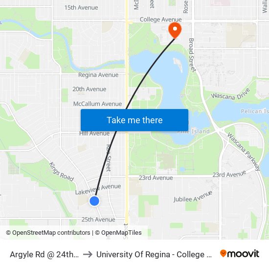 Argyle Rd @ 24th Ave (Nb) to University Of Regina - College Avenue Campus map