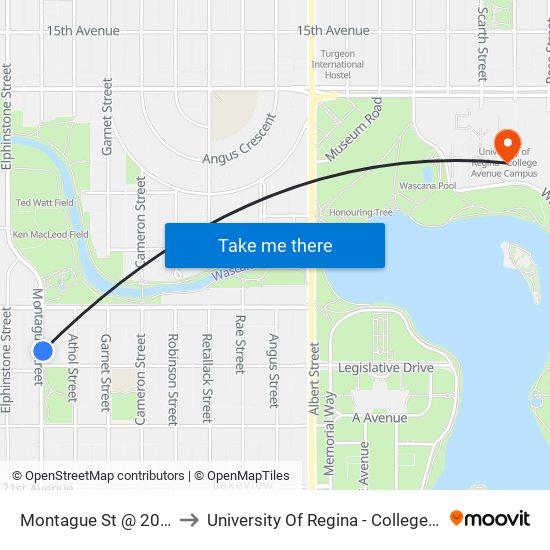 Montague St @ 20th Ave (Nb) to University Of Regina - College Avenue Campus map