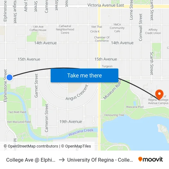 College Ave @ Elphinstone St (Eb) to University Of Regina - College Avenue Campus map