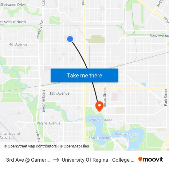 3rd Ave @ Cameron St (Wb) to University Of Regina - College Avenue Campus map