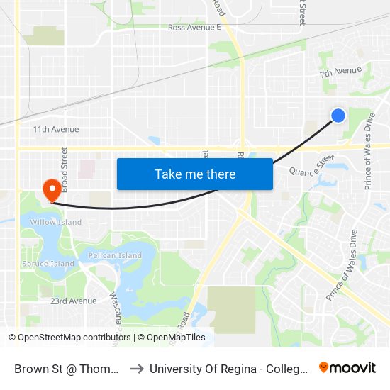 Brown St @ Thomson Ave (Nb) to University Of Regina - College Avenue Campus map