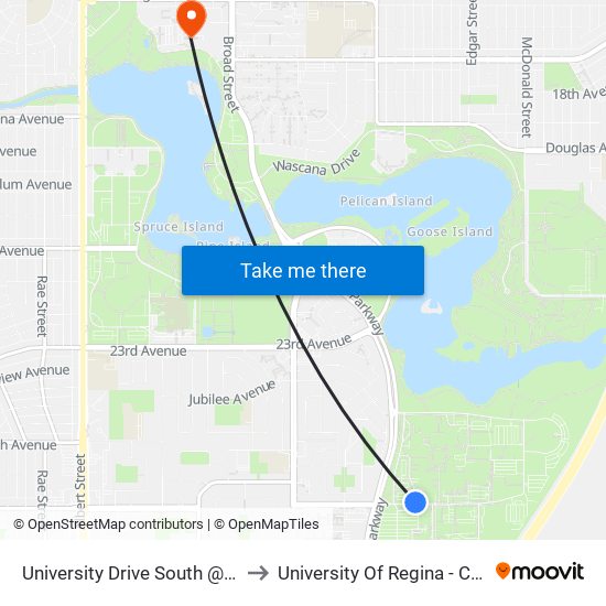 University Drive South @ Buffaloberry Way (Wb) to University Of Regina - College Avenue Campus map