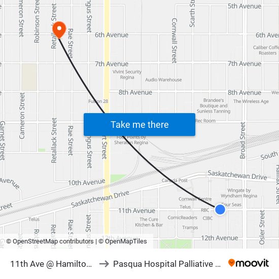 11th Ave @ Hamilton St (Eb) to Pasqua Hospital Palliative Care Ward map