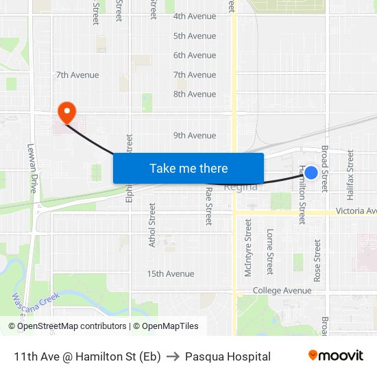 11th Ave @ Hamilton St (Eb) to Pasqua Hospital map