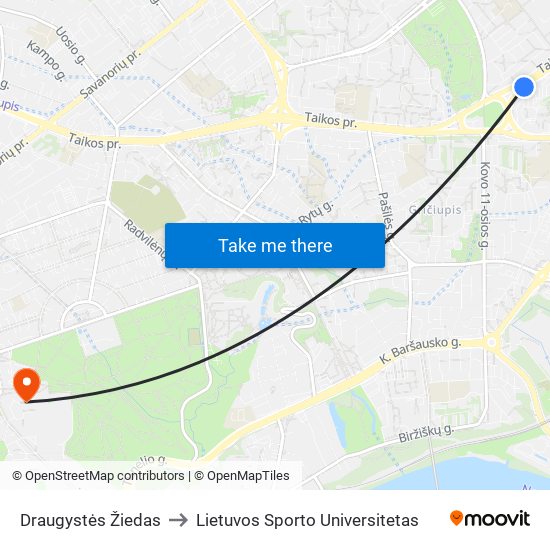 Draugystės Žiedas to Lietuvos Sporto Universitetas map