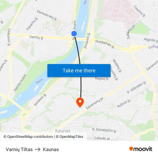 Varnių Tiltas to Kaunas map