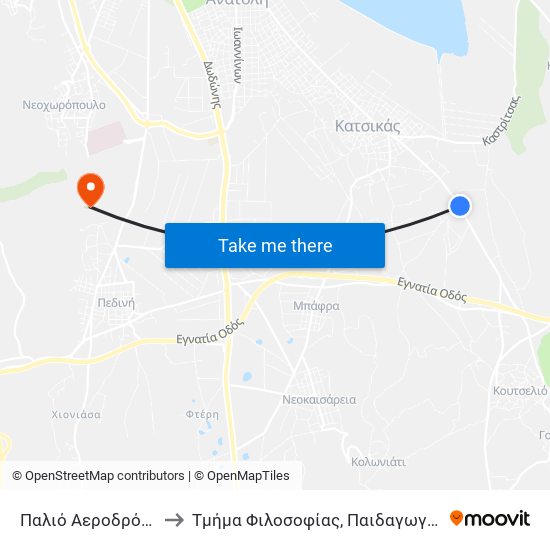 Παλιό Αεροδρόμιο Κατσικά to Τμήμα Φιλοσοφίας, Παιδαγωγικής Και Ψυχολογίας map