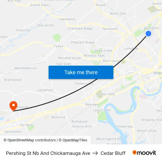 Pershing St Nb And Chickamauga Ave to Cedar Bluff map